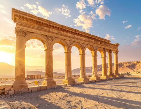 Ancient stone arches stand in the desert during a golden sunset