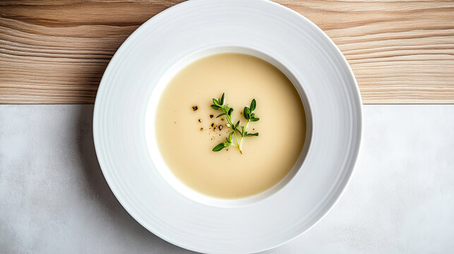 Creamy potato soup served in white bowl, garnished with herbs and spices, perfect for comforting meal. smooth texture and subtle flavors create delightful experience