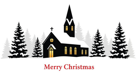 Fototapeta premium Silhouette of a snow covered church and pine trees with warm glowing windows on christmas eve