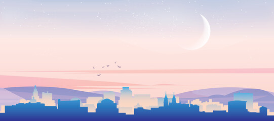 Panoramic poster of the city skyline with misty background buildings, hills sunrise, sunset and clouds of BASEL, SWITZERLAND