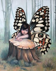 A fantastic magical fairy, a little girl with butterfly wings, grieves by a felled tree trunk in the background of a withered forest - a hand-painted oil painting on canvas.