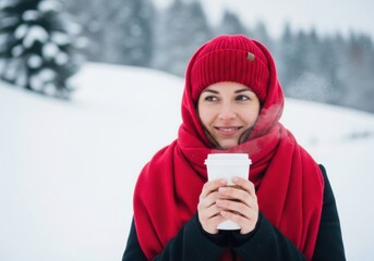 Outdoor portrait of woman in red scarf and beanie holding takeaway coffee with snowy background