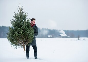 Young man carrying a freshly cut Christmas tree through snow-covered field