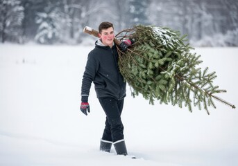 Young man carrying a freshly cut Christmas tree through snow-covered field