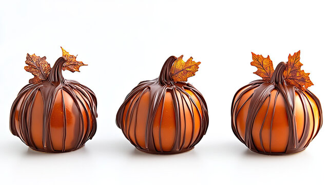 Chocolate covered pumpkins with amber color and decorative leaves create festive display. These treats are perfect for autumn celebrations and add delightful touch to any gathering