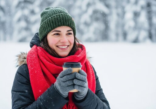 Outdoor portrait of woman in red scarf and beanie holding takeaway coffee with snowy background - Powered by Adobe