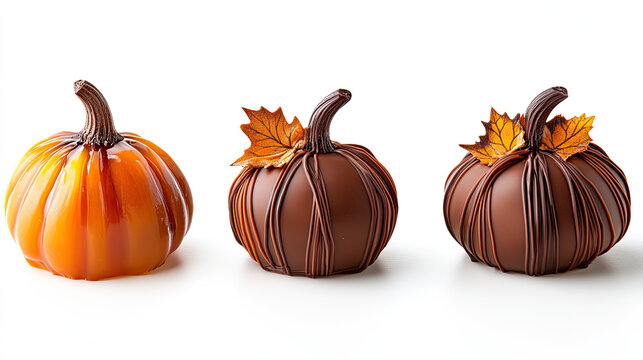 Delicious pumpkin shaped desserts in amber and chocolate colors, adorned with leaves, perfect for autumn celebrations