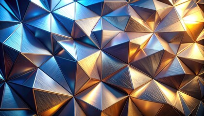 Abstract geometric background of brushed metal triangles with blue and gold light