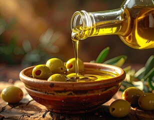 Golden oil pours from a bottle into a rustic bowl of green olives on wood