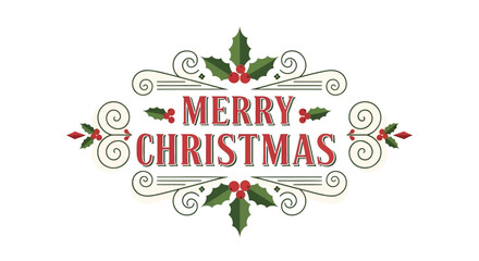 Elegant merry christmas greeting with festive holly and ornate scrollwork design