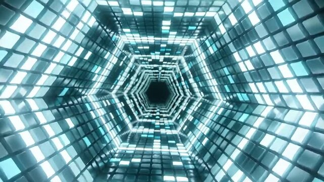 Abstract 3D render of a geometric data tunnel made of shifting, illuminated hexagonal tiles