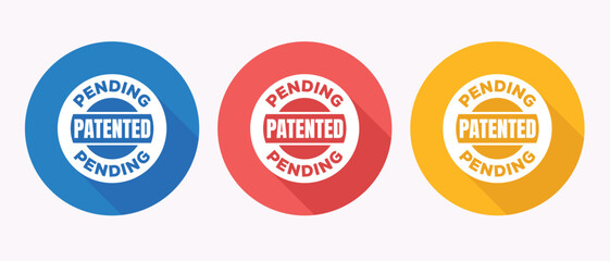 Three oval stamps showing patented and pending status in blue red and yellow