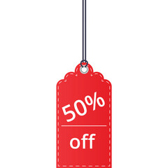 Red 50 Percent Off Sale Tag with White Text Isolated on Transparent Background Detailed Graphic for Retail Promotion