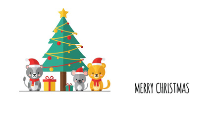 Cute cartoon animals wearing santa hats celebrating christmas with a decorated tree and gifts