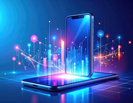 A smartphone projects a glowing 3D financial data graph in a digital world - Powered by Adobe