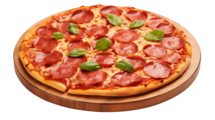 A pepperoni pizza with basil leaves on a wooden board ready to be served for a delicious meal today