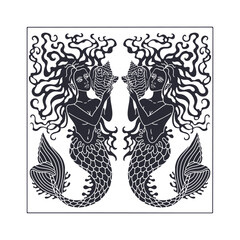 Art nouveau style mermaid silhouette with long hair holding conch shell hand drawn linocut vector illustration