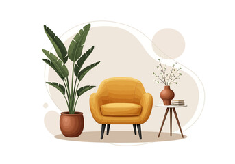 Fototapeta premium Cozy modern living room interior with a yellow armchair, potted plant, and side table. Minimalist hygge concept illustration for home decor