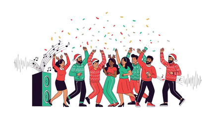 Diverse group of friends celebrating christmas with music dancing and confetti in festive sweaters