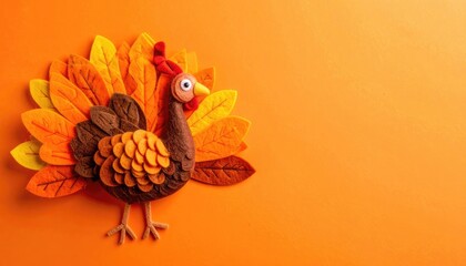 A cute felt craft turkey with autumn-colored feathers on an orange background