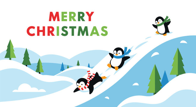 Cute cartoon penguins sliding down snowy hills with merry christmas text