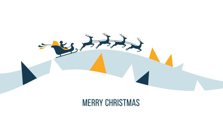 Santa claus and reindeer flying over snowy hills with geometric trees and merry christmas text