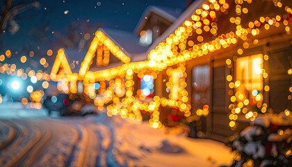 A festive home glows with warm lights on a snowy, blurry winter night