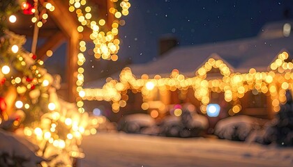 A house decorated with glowing string lights on a snowy winter evening
