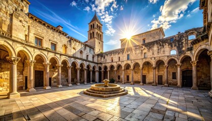 Sunlit stone courtyard of an ancient monastery with arches and a bell tower