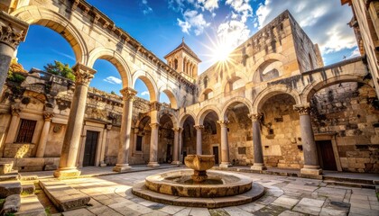 Ancient stone courtyard with arches, columns, and a fountain under a bright sun