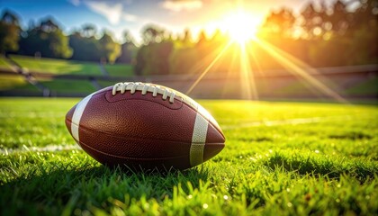 A football rests on a grassy field with a bright sun setting over a stadium
