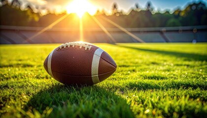 A football on a lush green field as the sun sets over an empty stadium