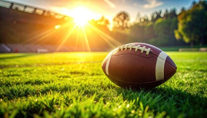 Football on a lush grass field with a brilliant sunset over a stadium
