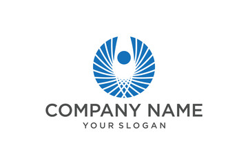 Abstract Blue Circular Logo Design with Stylized Human Figure and Radiating Lines