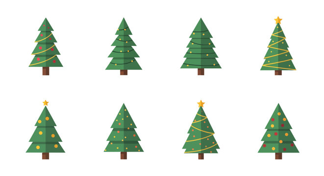 Collection of festive flat style christmas trees with ornaments and decorations - Powered by Adobe
