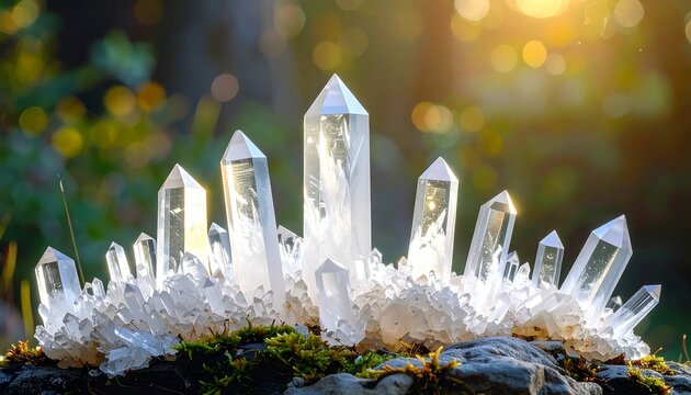 A close-up shot of a cluster of clear, sparkling crystals atop moss-covered rock in a sun-dappled forest setting