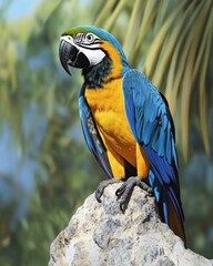 Obraz premium A vibrant blue and gold macaw perched serenely on rocky terrain with a lush tropical backdrop.