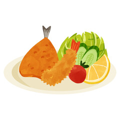 アジフライとエビフライのミックスプレート　水彩風手描きベクターイラスト