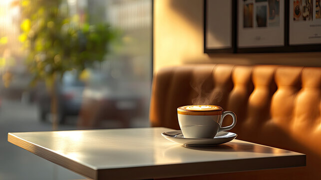 steaming cup of coffee sits on table in cozy cafe, with warm lighting and soft background. encourages relaxation and enjoyment