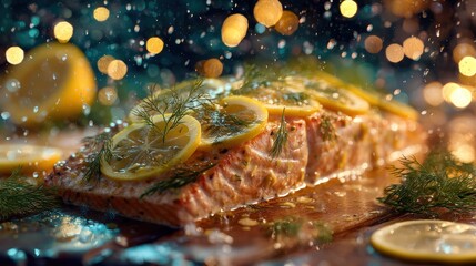 A piece of salmon with lemon slices and dill on top