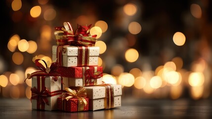 A stack of presents with red bows on top