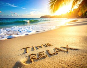Time to Relax" written in sand on a sunny beach with waves and palm fronds