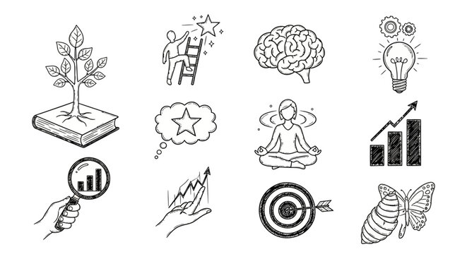 Sketch icons for growth and success: brain, graphs, and mindfulness in black and white