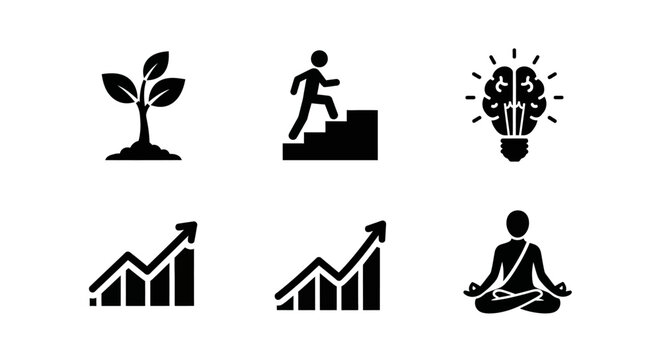 Success journey icons: growth, progress, innovation, achievement, and relaxation in bold silhouette style