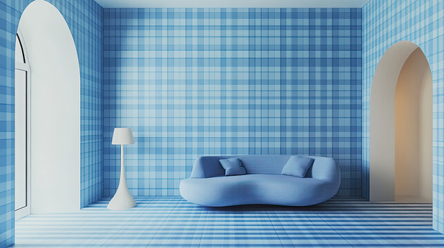 modern room interior featuring blue checkered wall design, unique blue sofa, and stylish white lamp. space is bright and airy, creating refreshing
