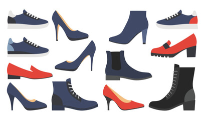 Stylish Footwear Collection Women s and Men s Shoes Vector Set on White