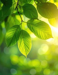 Sunlight filtering through vibrant green leaves on a tree branch, creating a glow