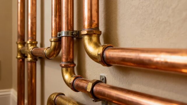 Medium shot focusing on a copper plumbing arrangement with shiny rigid pipes demonstrating durable and heatresistant water transport within household walls.
