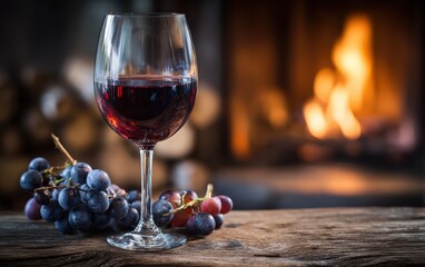 Naklejka premium A glass of red wine is on a table next to a bunch of grapes