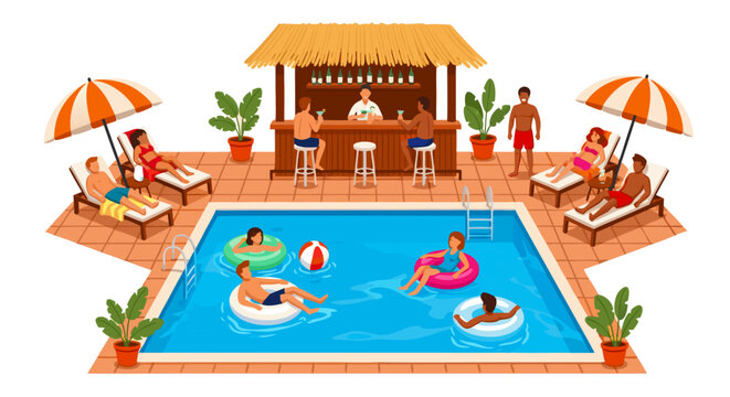 Lively summer resort scene illustration with diverse people relaxing by a swimming pool, enjoying sunbathing, and drinks at a poolside bar